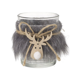 Fur Reindeer Glass Tealight Holder