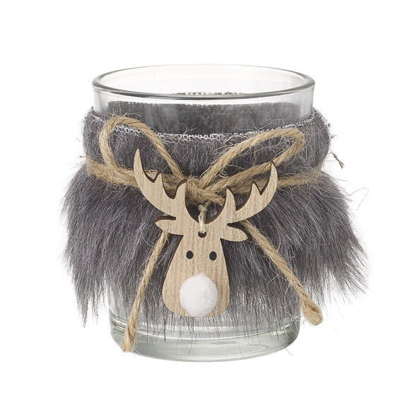 Fur Reindeer Glass Tealight Holder